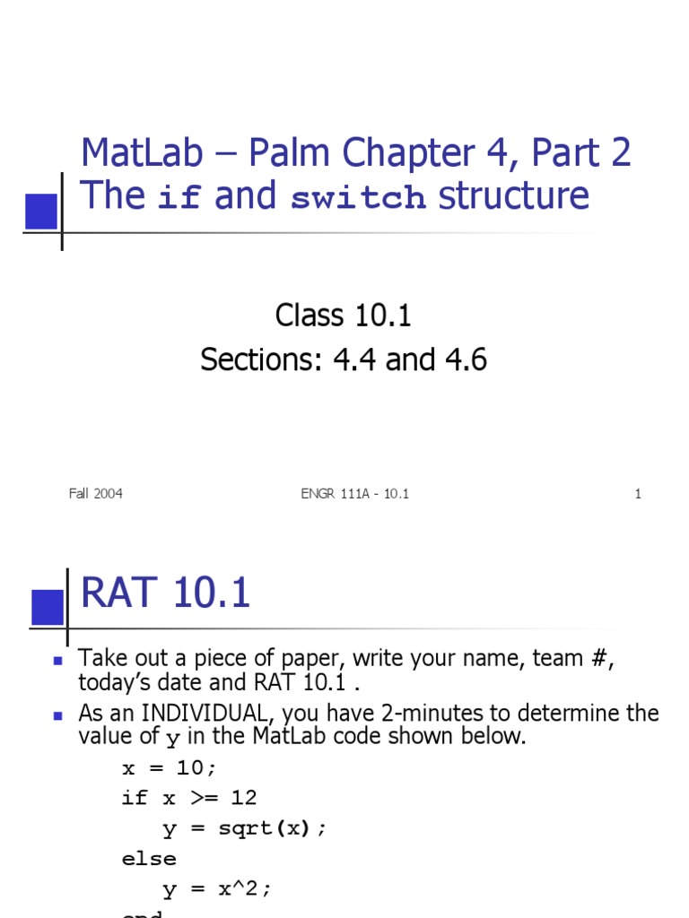 Matlab - Palm Chapter 4, Part 2 The If and Switch Structure | PDF ...
