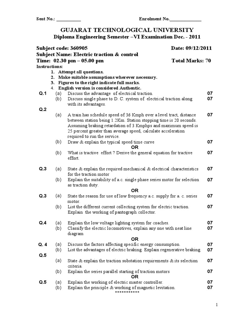 Electric Traction Exam Paper 2011 | PDF