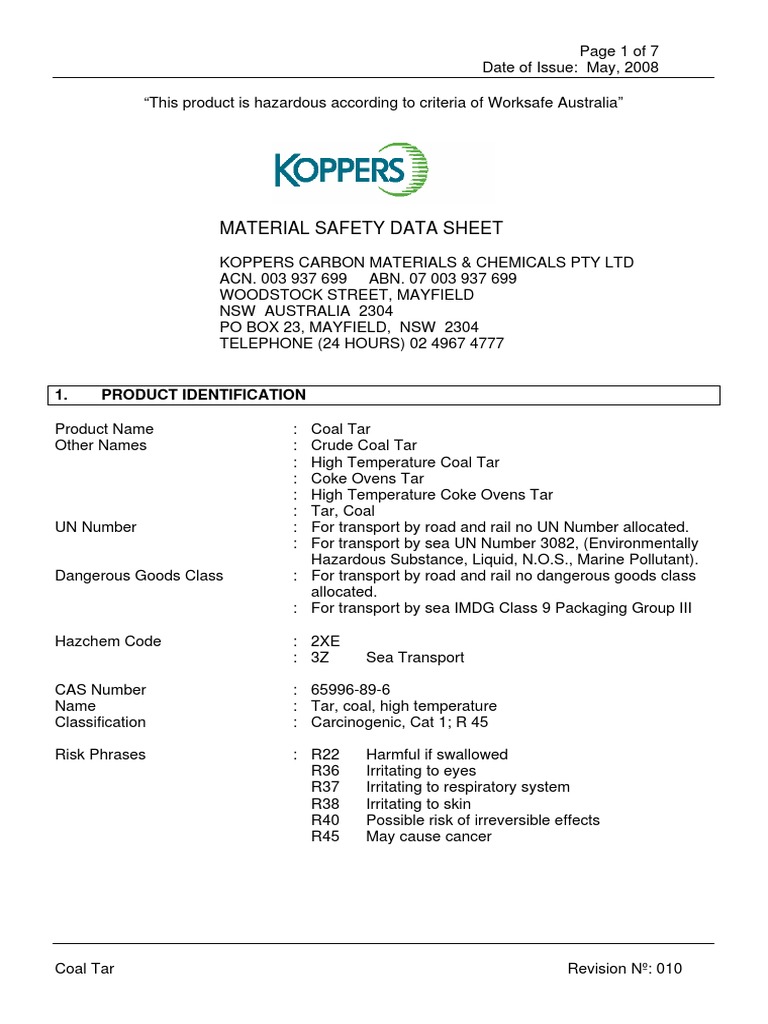 Coal Tar MSDS Alquitran de Hulla) PDF Combustion Coal
