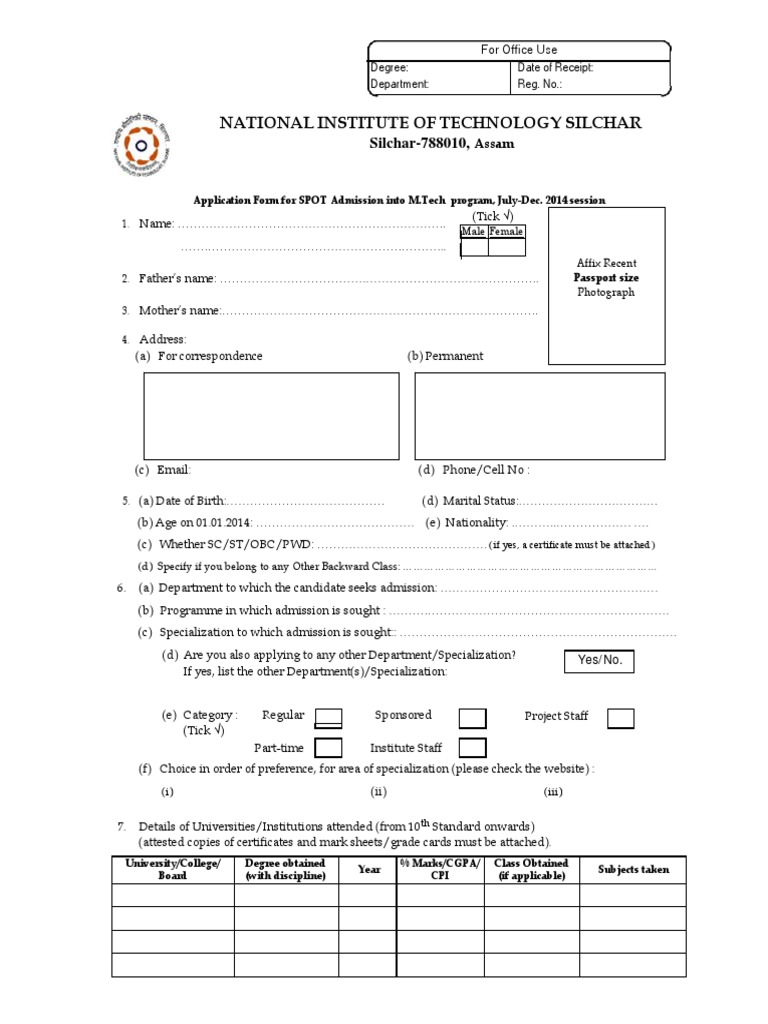 Application Form MTech Spot 2014 15 | PDF | University And College ...