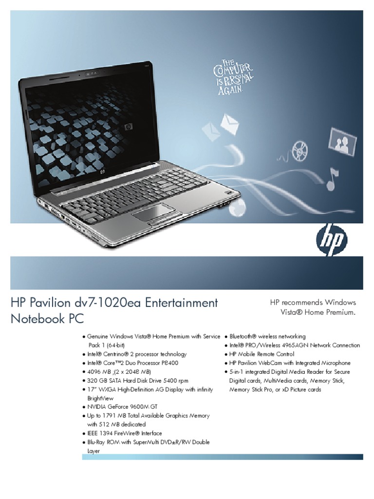 HP Pavilion Dv71020ea Entertainment Notebook PC Windows Vista Laptop