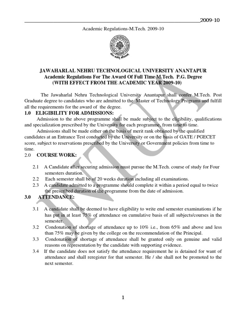 M.Tech Academic Regulations 2009-10 | PDF | Thesis | Master's Degree