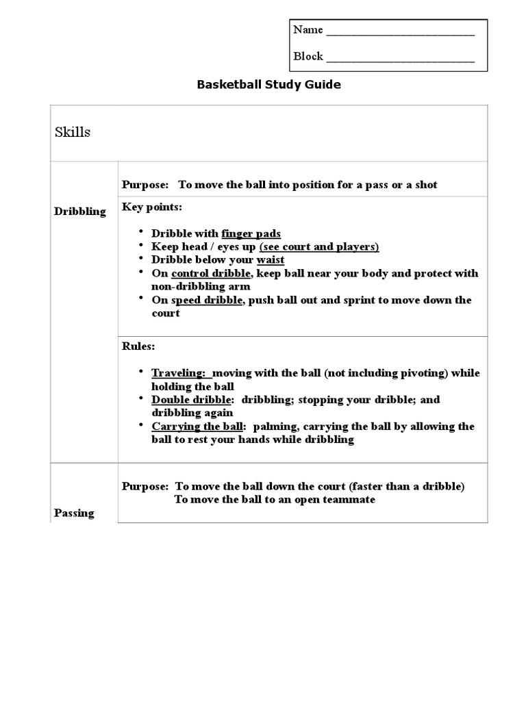 Basketball Skills Study Guide | PDF | Leisure | Sports Rules And ...