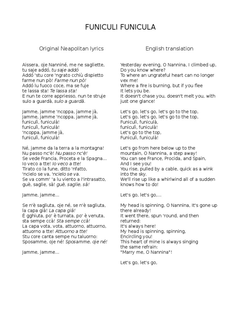 Funiculì, funiculà printable lyrics, origins, and video – funiculi ...