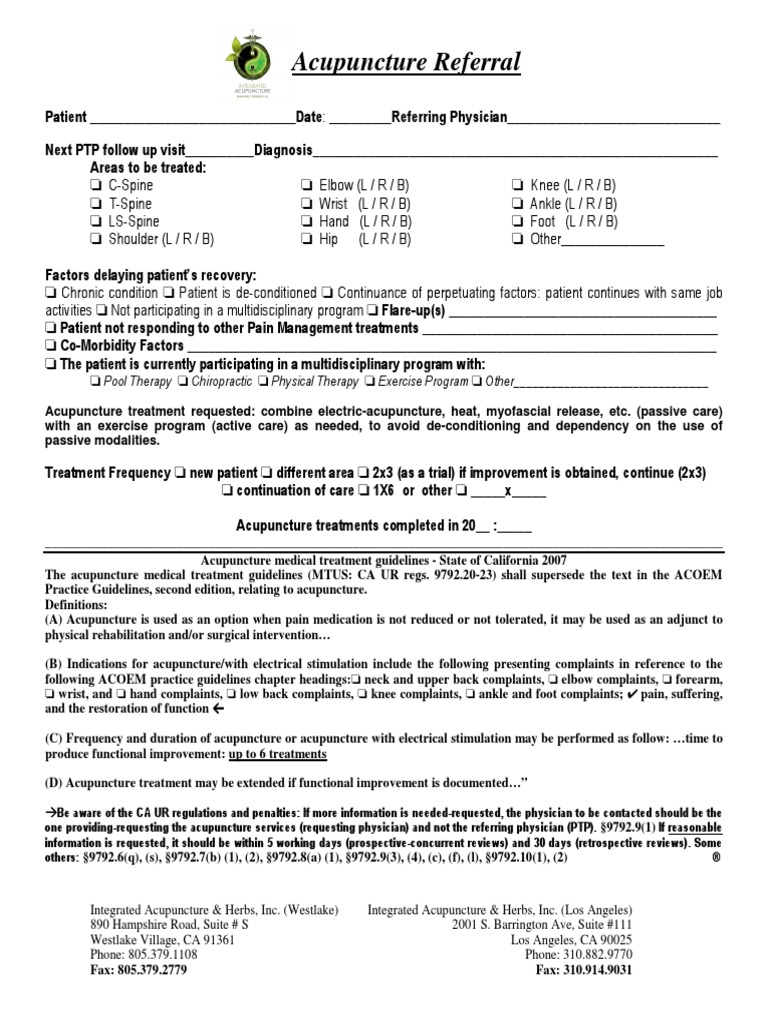 WC Acupuncture Referral Form PDF Acupuncture Pain