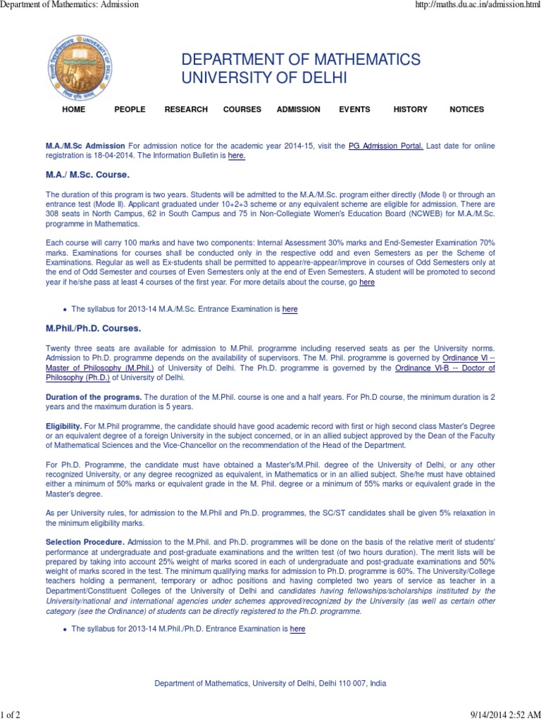 Department of Mathematics - Admission | PDF | Doctor Of Philosophy ...