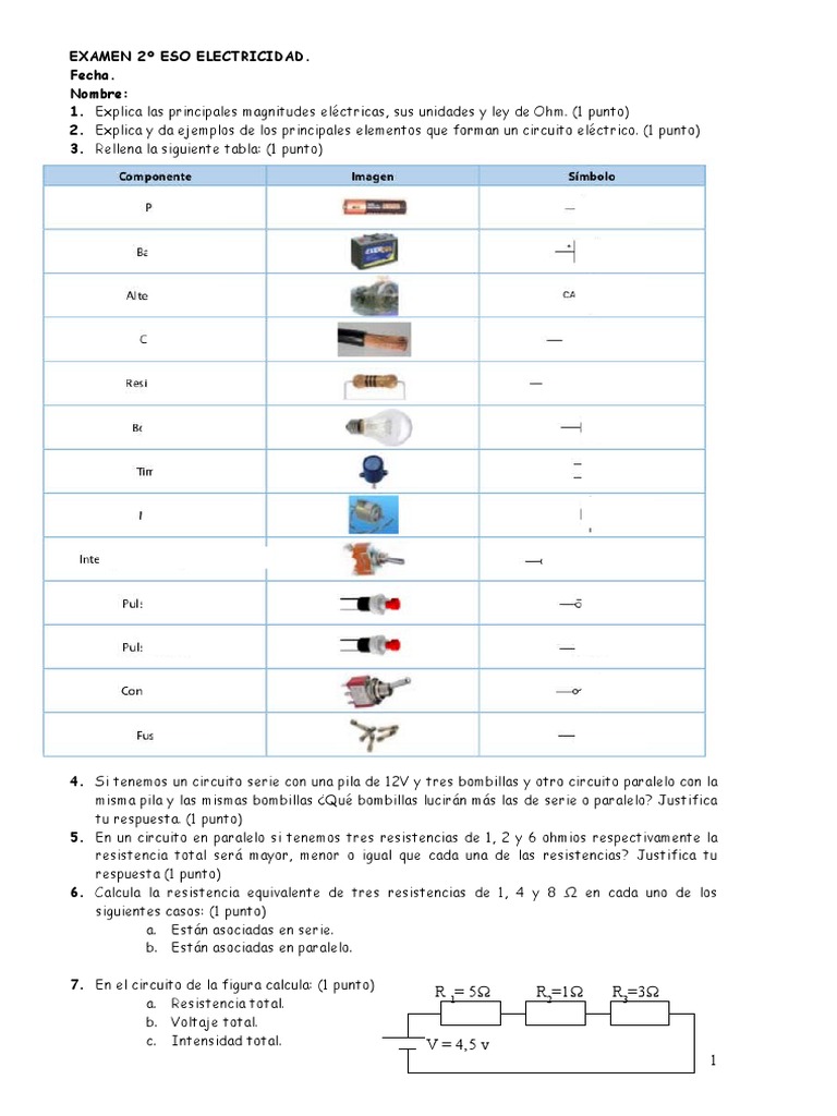 Examen de Electricidad 2º ESO | PDF | Resistencia Eléctrica y ...