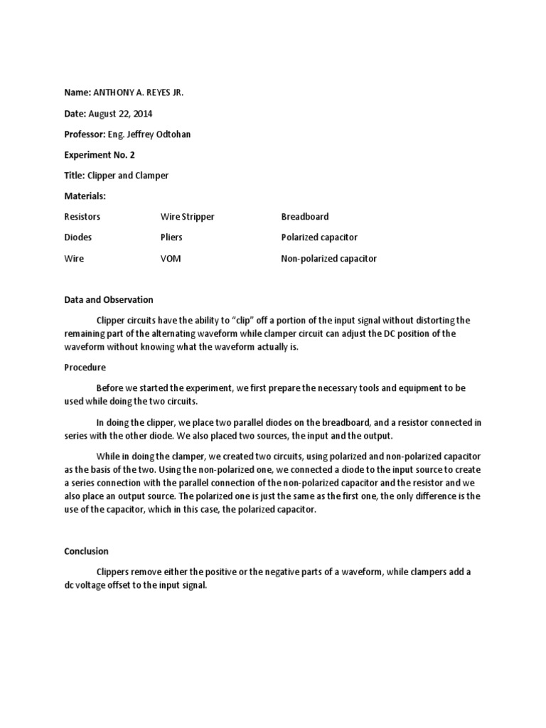 Clipper and Clamper Circuit Experiment | PDF