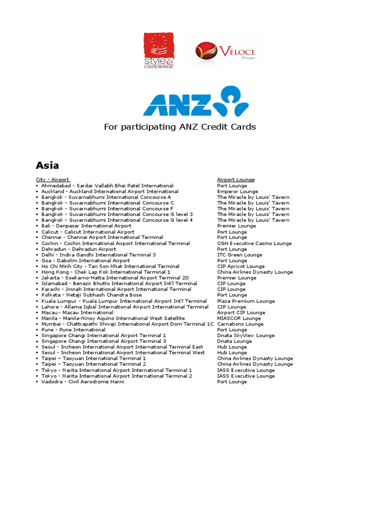 ANZ Airport Lounge Access List | PDF