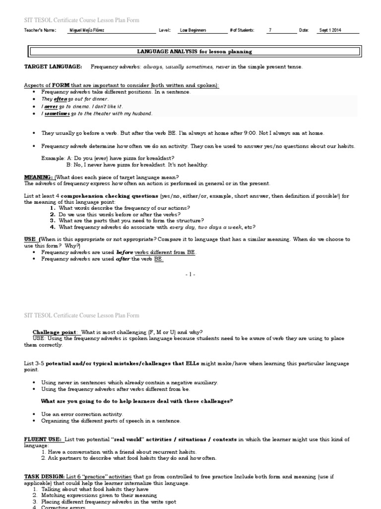 TESOL Lesson Plan: Frequency Adverbs | PDF | Lesson Plan | English As A ...