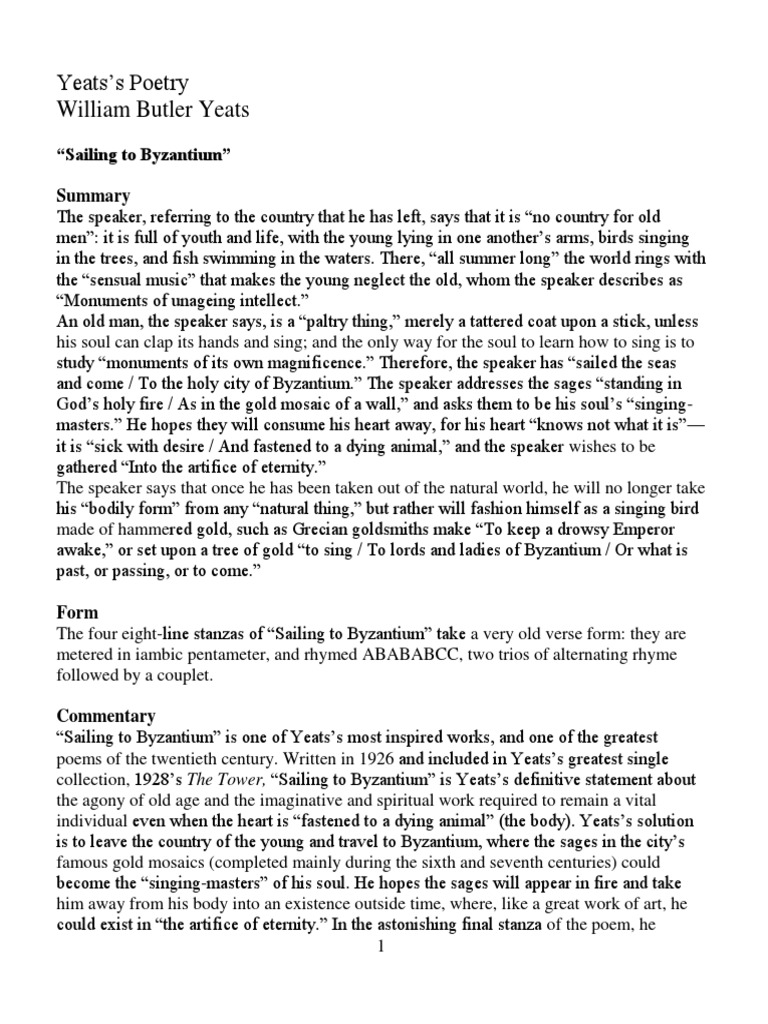 Yeats’s Poetry William Butler Yeats “Sailing to Byzantium”