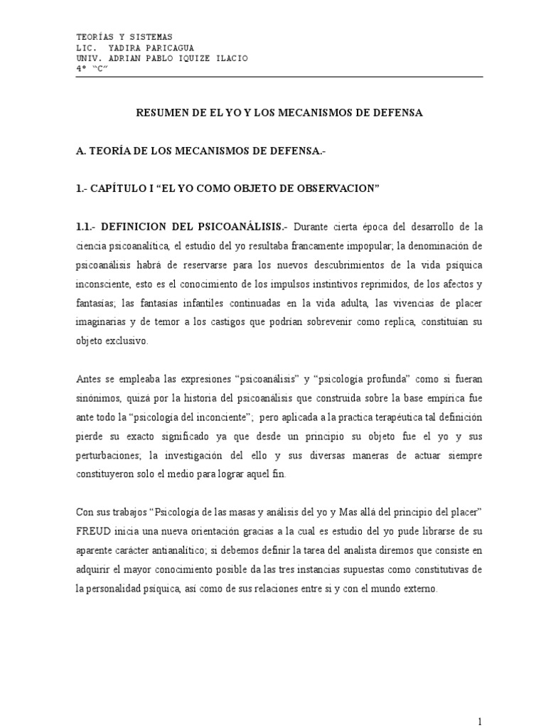 Mecanismos de Defensa del Yo en Freud | PDF | Psicoanálisis | Carné de ...