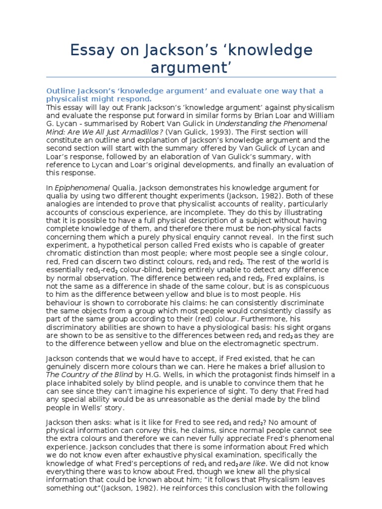 Essay On Jackson S Knowledge Argument Pdf Qualia Concept