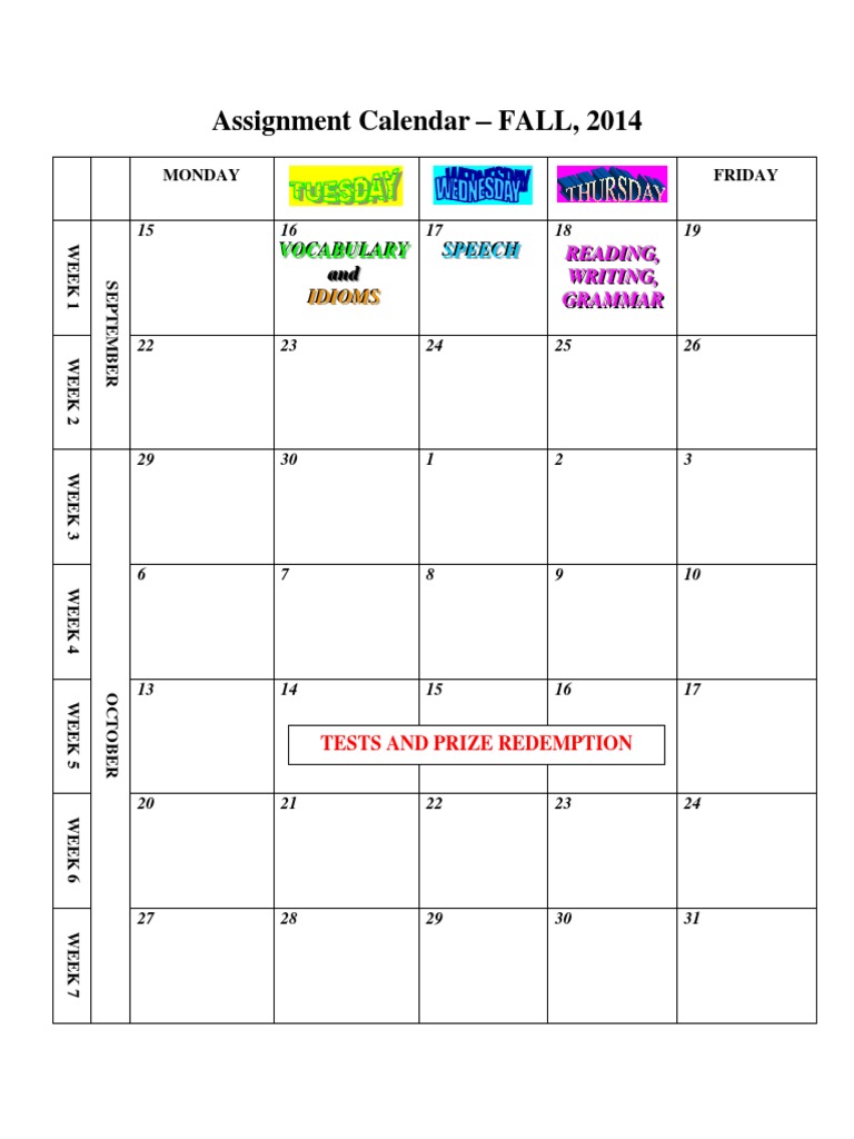 Fall 2014 Assignment Calendar | PDF | Cooking, Food & Wine