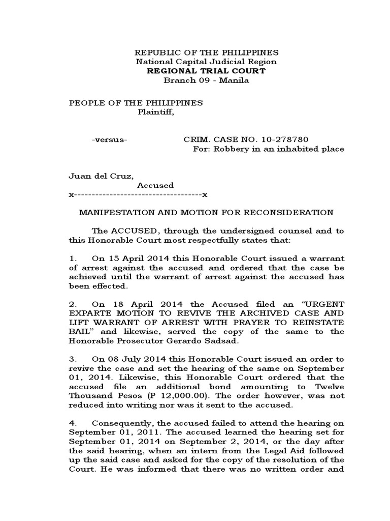 Sample Motion Of Reconsideration Arrest Arrest Warrant