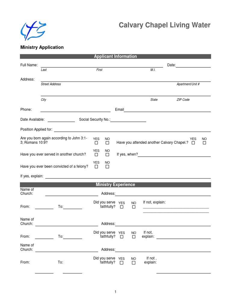 Calvary Chapel Ministry Application Form | PDF