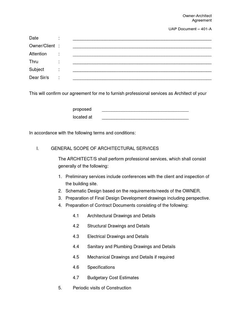 Uap Doc 401 A Owner Architect Agreement Architect Construction Management