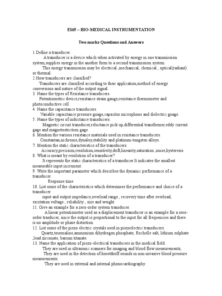 Biomedical Instrumentation Q&A Guide | PDF | Amplifier | Heart Valve