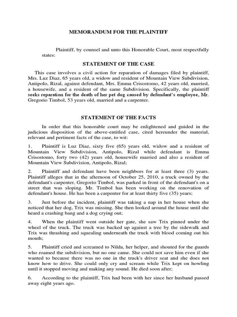 Legal Writing - Part 1 - Trial Memorandum | PDF | Nuisance | Negligence