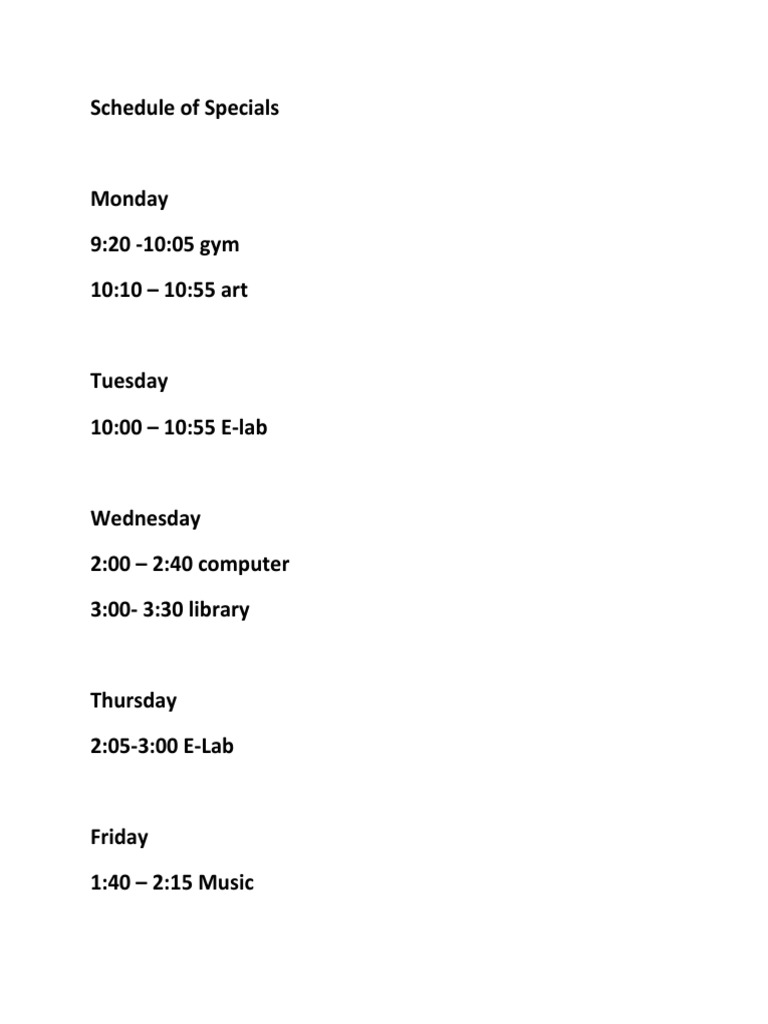 Weekly Specials Schedule | PDF | Home & Garden