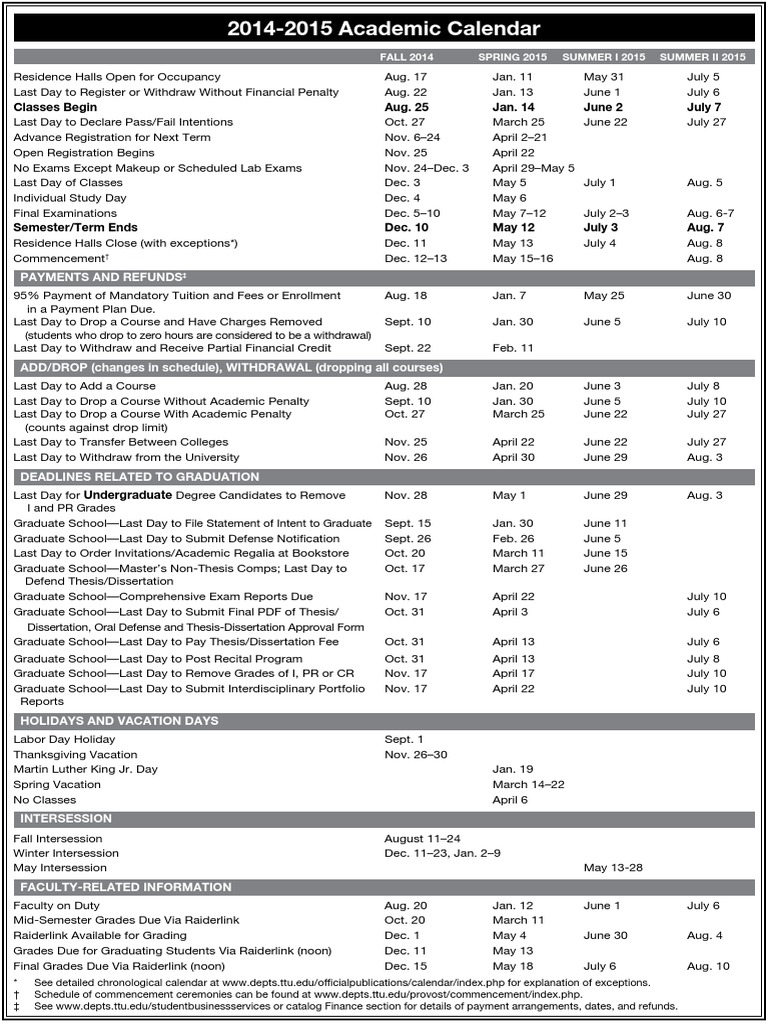 Texas Tech Academic Calendar 2014-15 | PDF