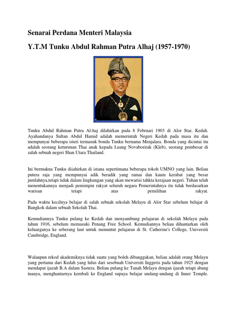 Senarai Perdana Menteri Malaysia Y T M Tunku Abdul Rahman Putra Alhaj 1957 1970
