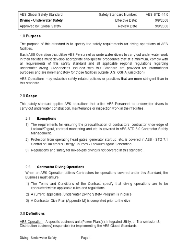 AES Diving Safety Standard Overview | PDF | Scuba Diving | Underwater ...