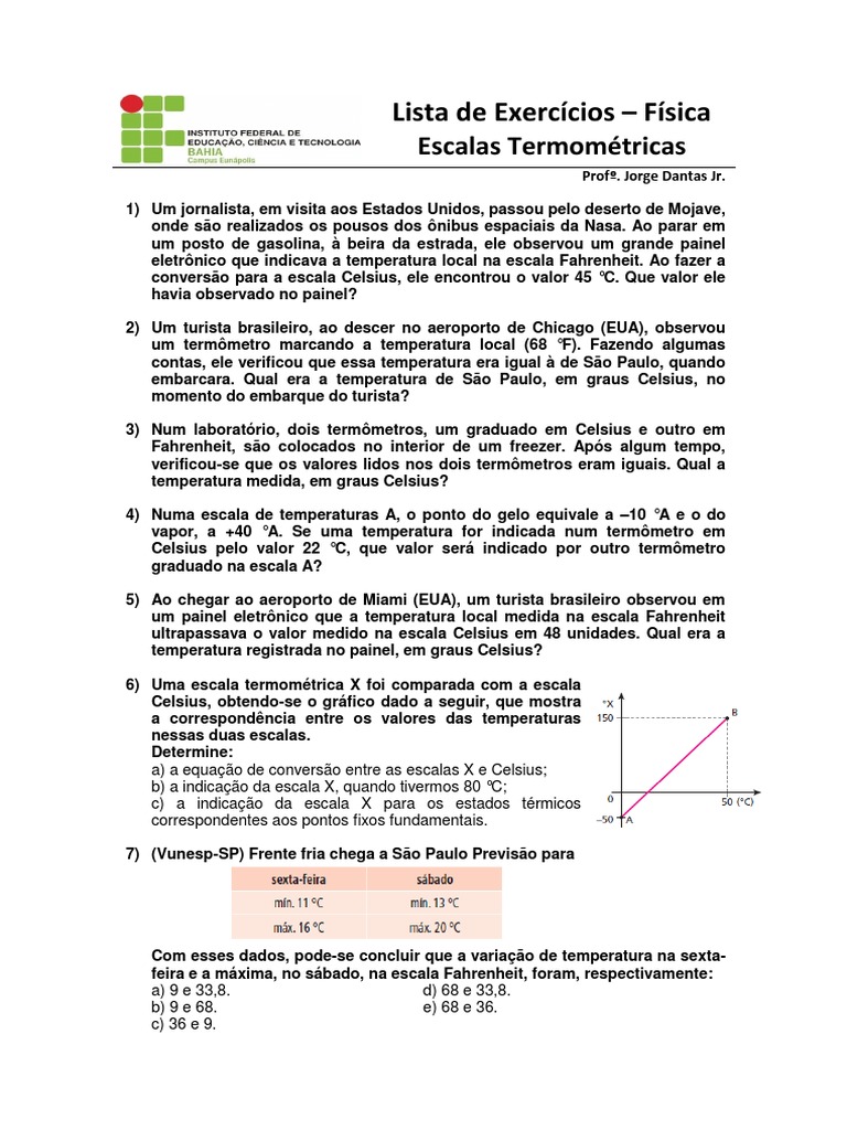 Lista de Exercícios - Esclas Termométricas | PDF | Celsius | Termômetro