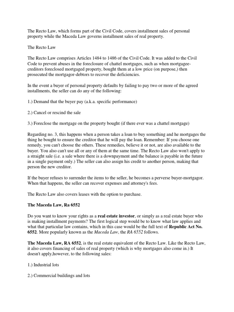 The Recto Law and Maceda Law Foreclosure Mortgage Law