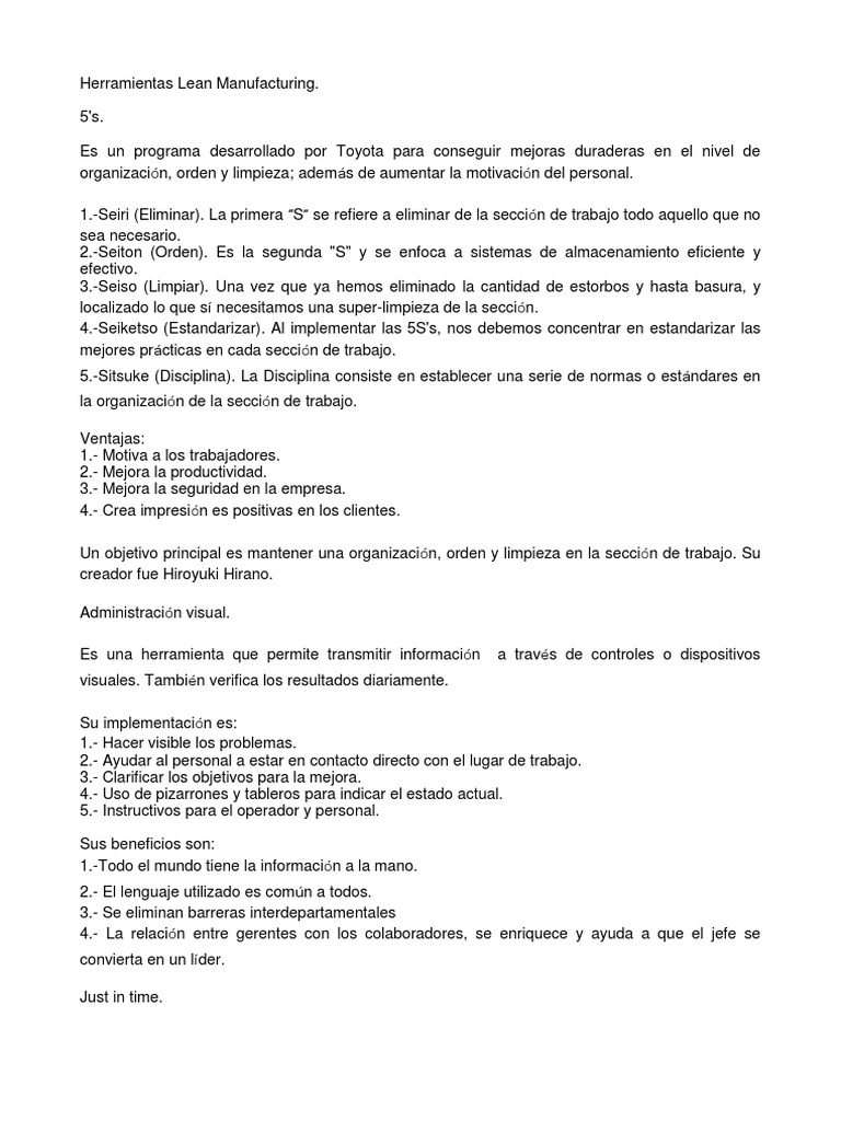 Herramientas Clave de Lean Manufacturing | PDF | Producción y ...