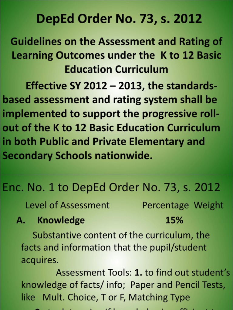 DepEd ORDER No. 73(1) Educational Assessment Curriculum