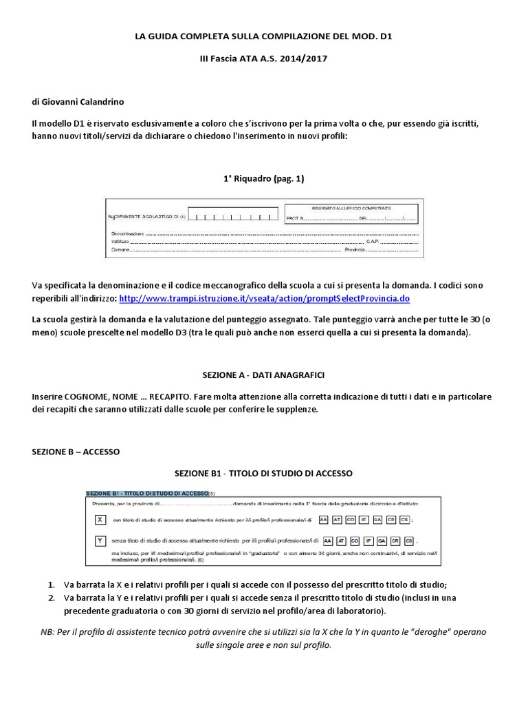 III Fascia Ata - La Guida Per La Compilazione Del Mod. d1 | PDF
