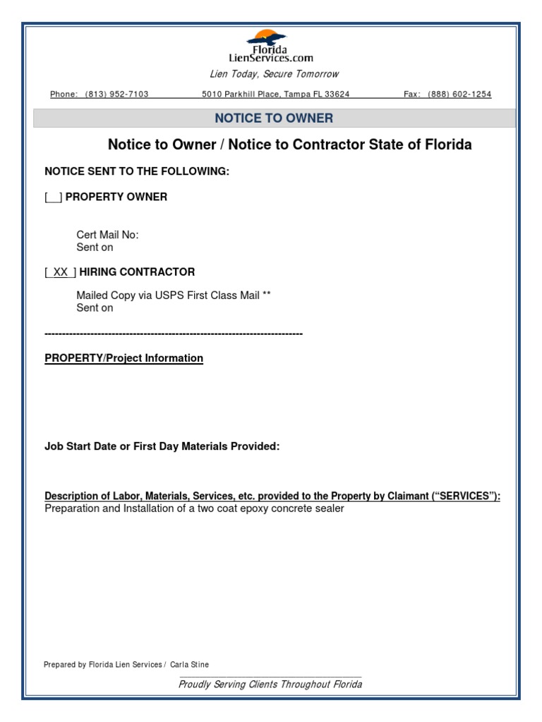 Florida Construction Lien Notice Template | PDF | Civil Law (Common Law ...