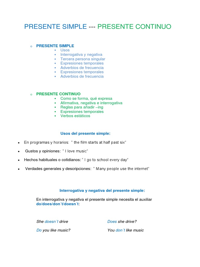 Presente Simple y Continuo en Inglés | PDF | Lingüística | Sintaxis