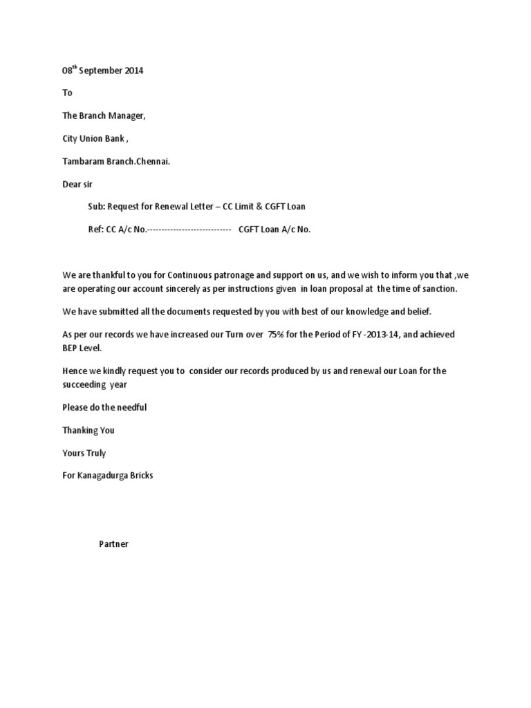 bank cc limit renewal request letter format