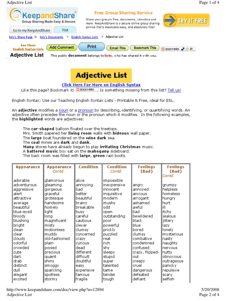 Adjective List