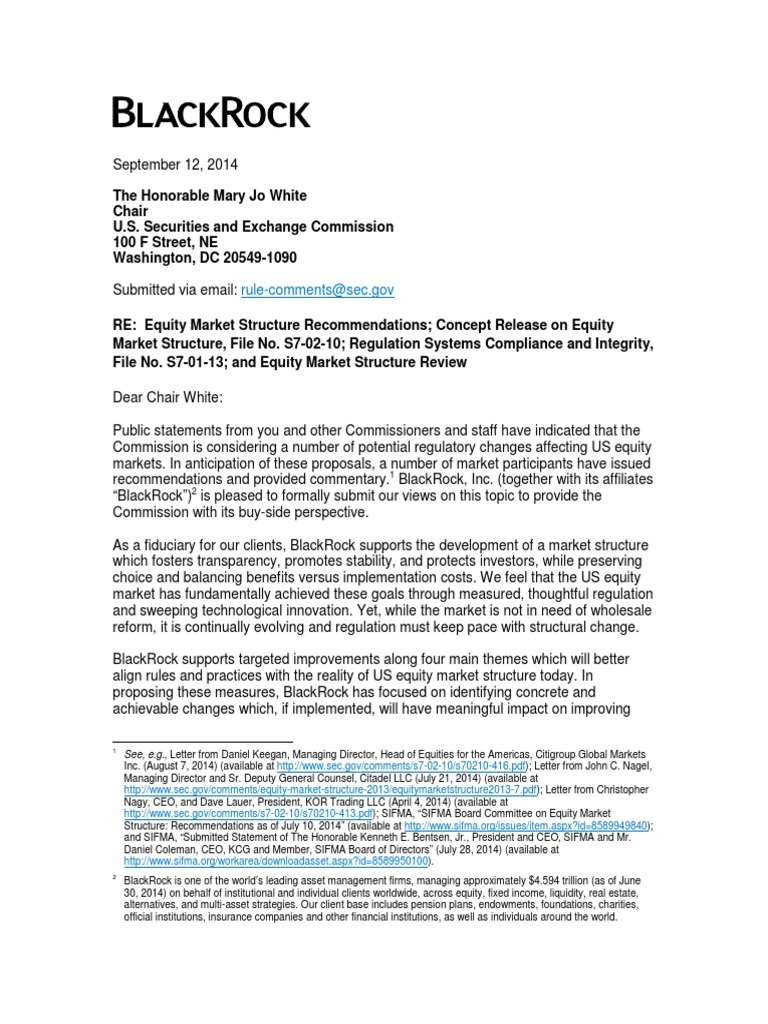 BlackRock Equity Market Structure Letter Sec 091214 Order (Exchange