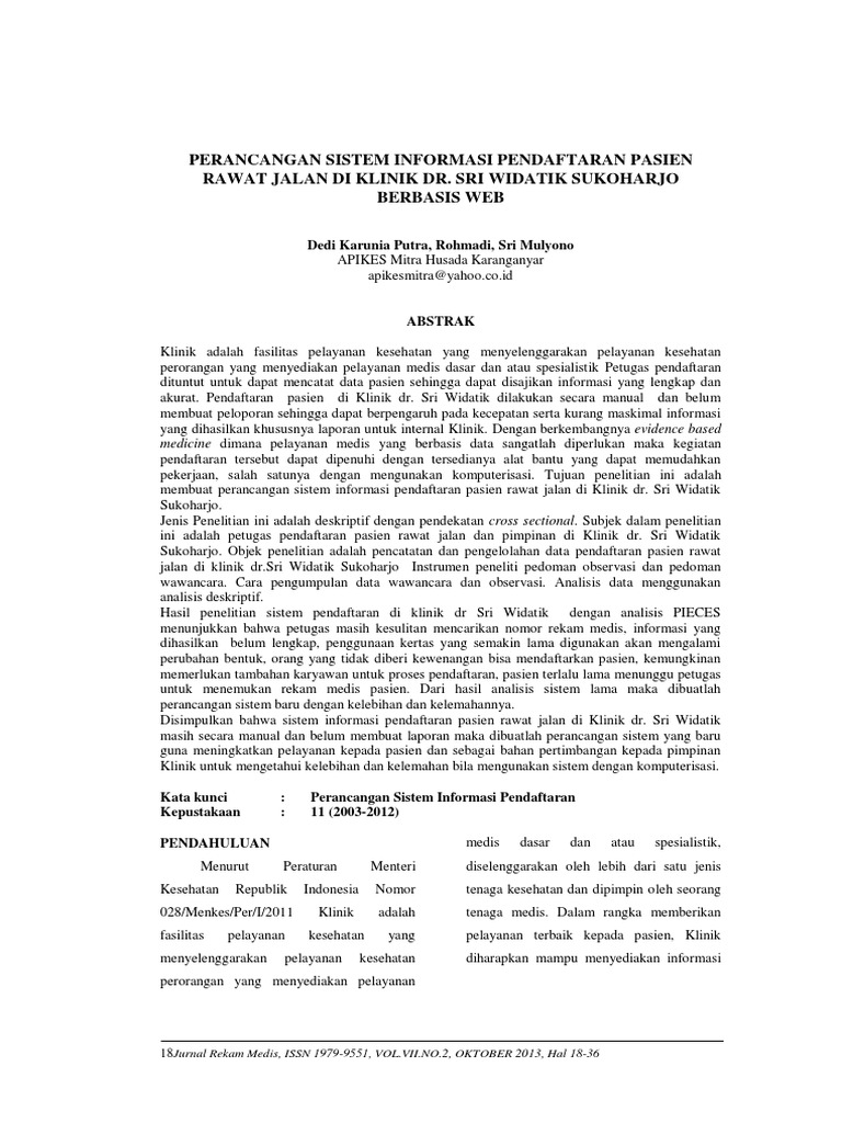 Perancangan Sistem Informasi Pendaftaran Pasien Rawat Jalan Di Klinik Dr Sri Widatik Sukoharjo Berbasis Web