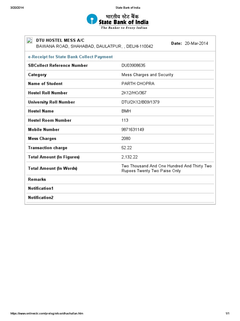 DTU Hostel Mess Fee Receipt | PDF