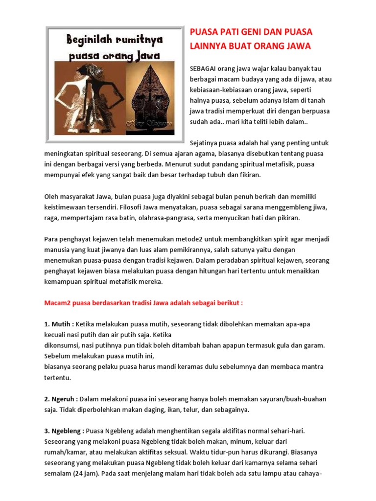 Puasa Pati Geni Dan Puasa Lainnya Buat Orang Jawa