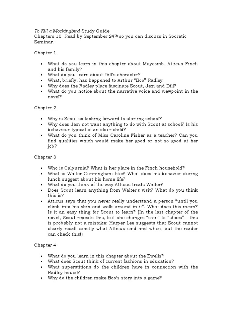 To Kill a Mockingbird Study Guide: Chapters 1-10 | PDF | To Kill A ...