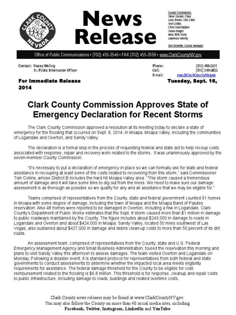 Emergency Declaration NR091614 PDF Disaster And Accident Business