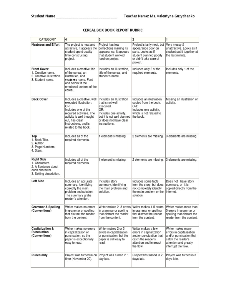 cereal box book report rubric Punctuation Text