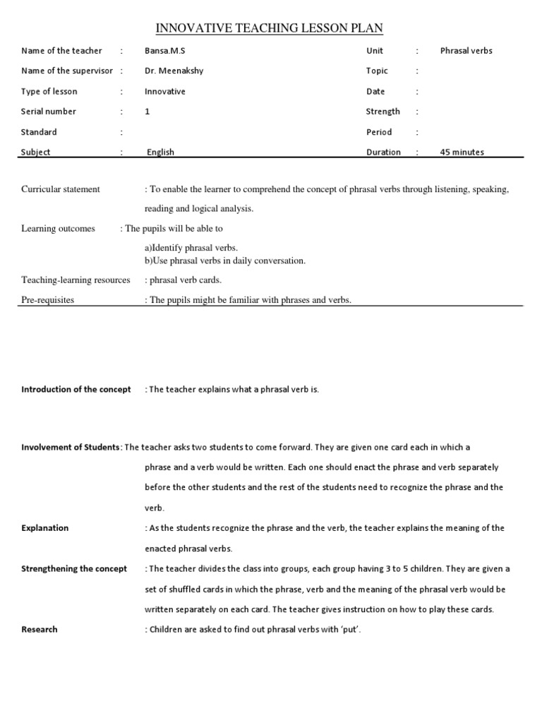 Innovative Lesson Plan on Phrasal Verbs | PDF | Language Arts & Discipline