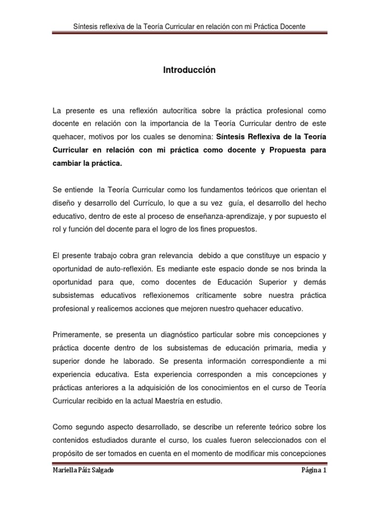 Reflexión sobre Teoría Curricular y Docencia | PDF | Plan de estudios ...