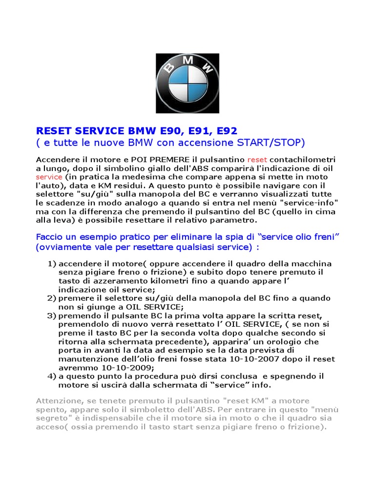 BMW E90 E91 E92 Reset Oil Service | PDF