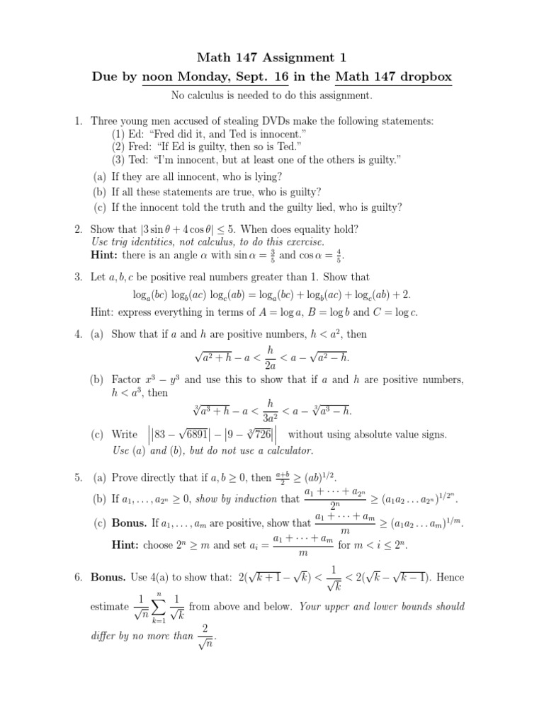 Math 147 Assignment 1 Due by Noon Monday, Sept. 16 in The Math 147 ...
