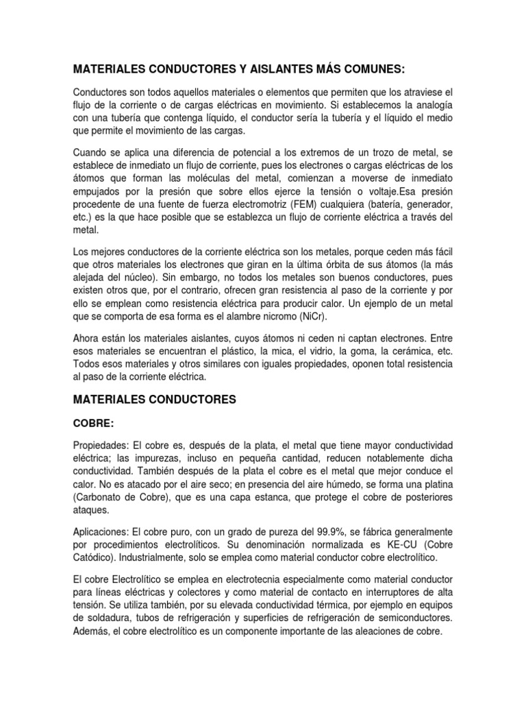 Materiales Conductores y Aislantes Más Comunes | Descargar gratis PDF ...
