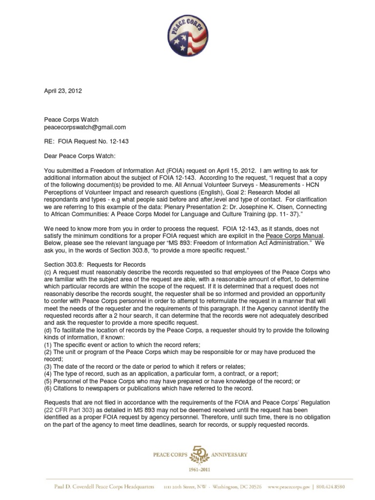 FOIA Peace Corps Annual Volunteer Surveys 12-143 - Letter - 04-23-12 ...