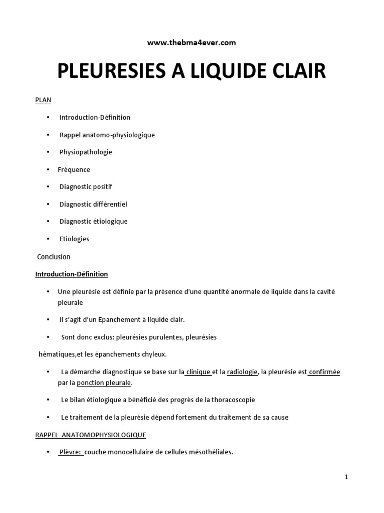 Pleuresies A Liquide Clair | PDF | Tuberculose | Spécialités médicales